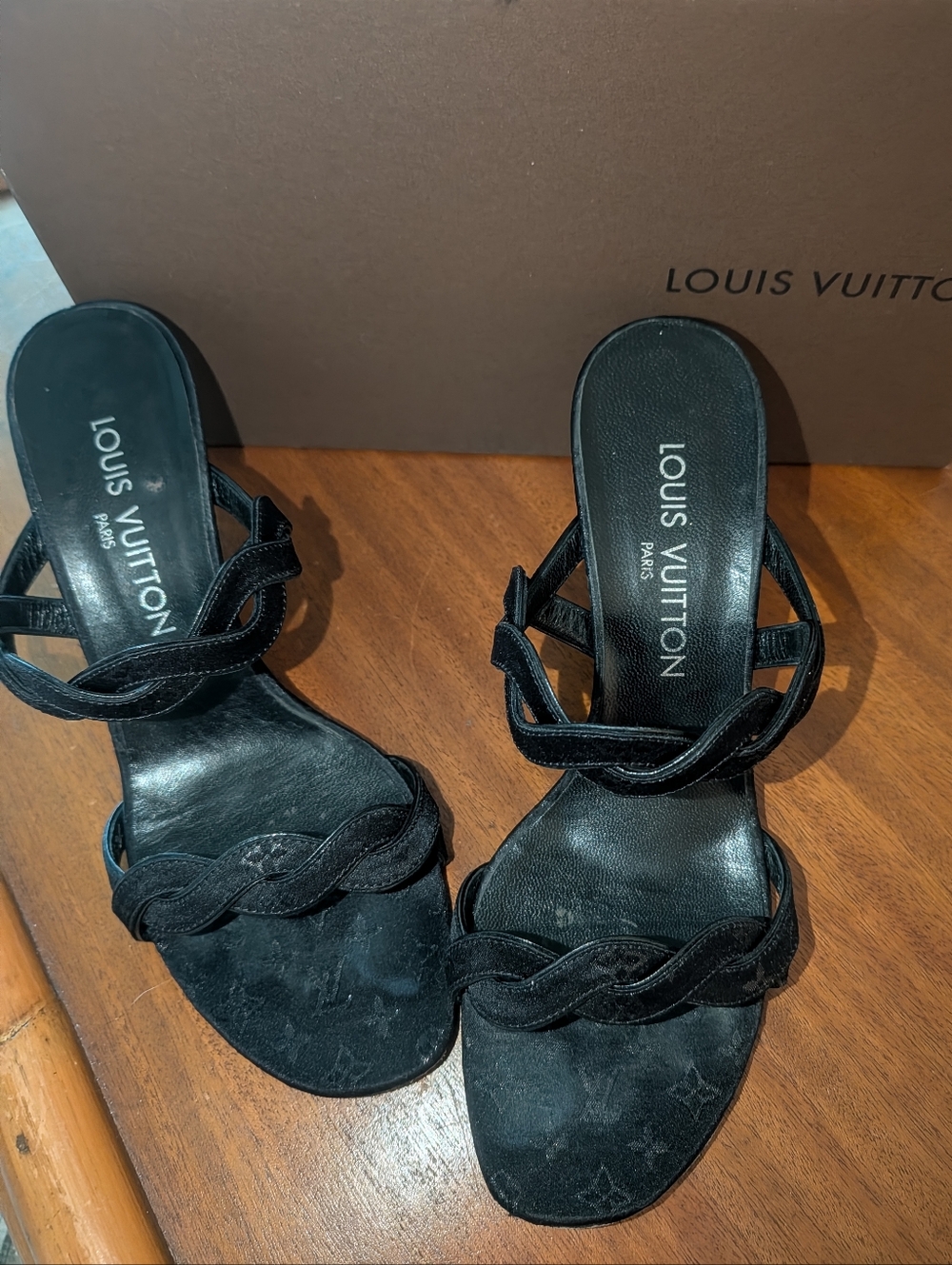 Louis Vuitton Authentic Monogram Black Satin Mules. SZ 36.5 / US 6.5. EUC.